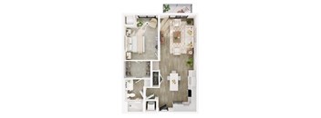 A top-down view of a small apartment with a kitchen, living room, and bathroom.