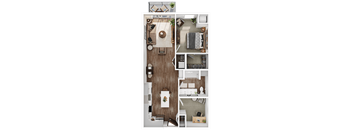 a 3d rendering of a floor plan with a bedroom and a living room