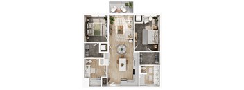 a 3d rendering of a floor plan with 4 bedrooms and a living room