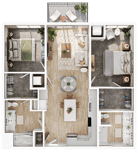 a 3d rendering of a floor plan with 4 bedrooms and a living room