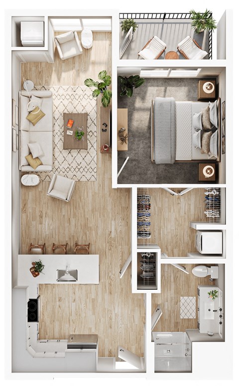 a stylized floor plan of a house with a bedroom and a living room