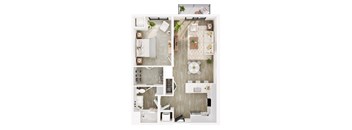 A top-down view of a modern kitchen and dining area.