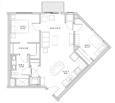 a floor plan of a small apartment with a bedroom and a living room
