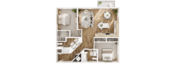 A top-down view of a small apartment layout with a kitchen, living room, and bathroom.