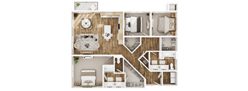 A top-down view of a house layout with a kitchen, living room, and bathroom.