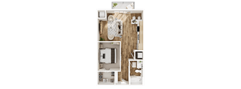 A top-down view of a small apartment with a bedroom, living room, and kitchen.