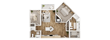 A detailed 3D floor plan of a house layout.