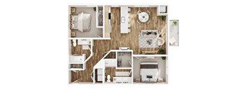 A top-down view of a house layout with multiple rooms and furniture.
