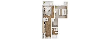 A top-down view of a small apartment with a kitchen, living room, and bathroom.