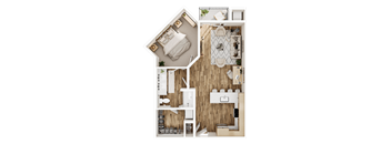 A top-down view of a small apartment with a bedroom, living room, and kitchen.