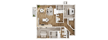 A top-down view of a house layout with a kitchen, living room, dining area, and bathrooms.