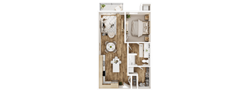 A top-down view of a small, neatly organized apartment with a kitchen, living room, and bathroom.