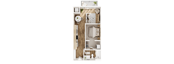 A top-down view of a small, neatly organized apartment with a kitchen, living room, and bathroom.