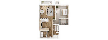 A top-down view of a small apartment layout with a kitchen, living room, and bathroom.
