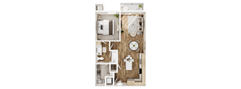 A top-down view of a small apartment with a kitchen, living room, and bathroom.