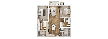 A top-down view of a modern apartment layout with a kitchen, living room, and bathroom.