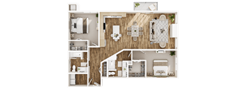 A top-down view of a house layout with a kitchen, living room, and bedrooms.