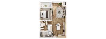A top-down view of a small apartment with a kitchen, living room, and bathroom.