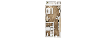 A top-down view of a small apartment with a kitchen, living room, and bathroom.