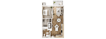 A top-down view of a small, neatly organized apartment with a kitchen, living room, and bathroom.