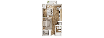 A top-down view of a small, neatly organized apartment with a kitchen, living room, and bathroom.