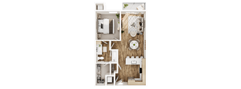 A top-down view of a small apartment with a bedroom, living room, and kitchen.