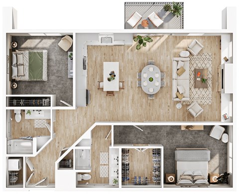 3d floor plan of a house with bedrooms and a living room
