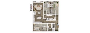 A top-down view of a modern kitchen and living room layout.