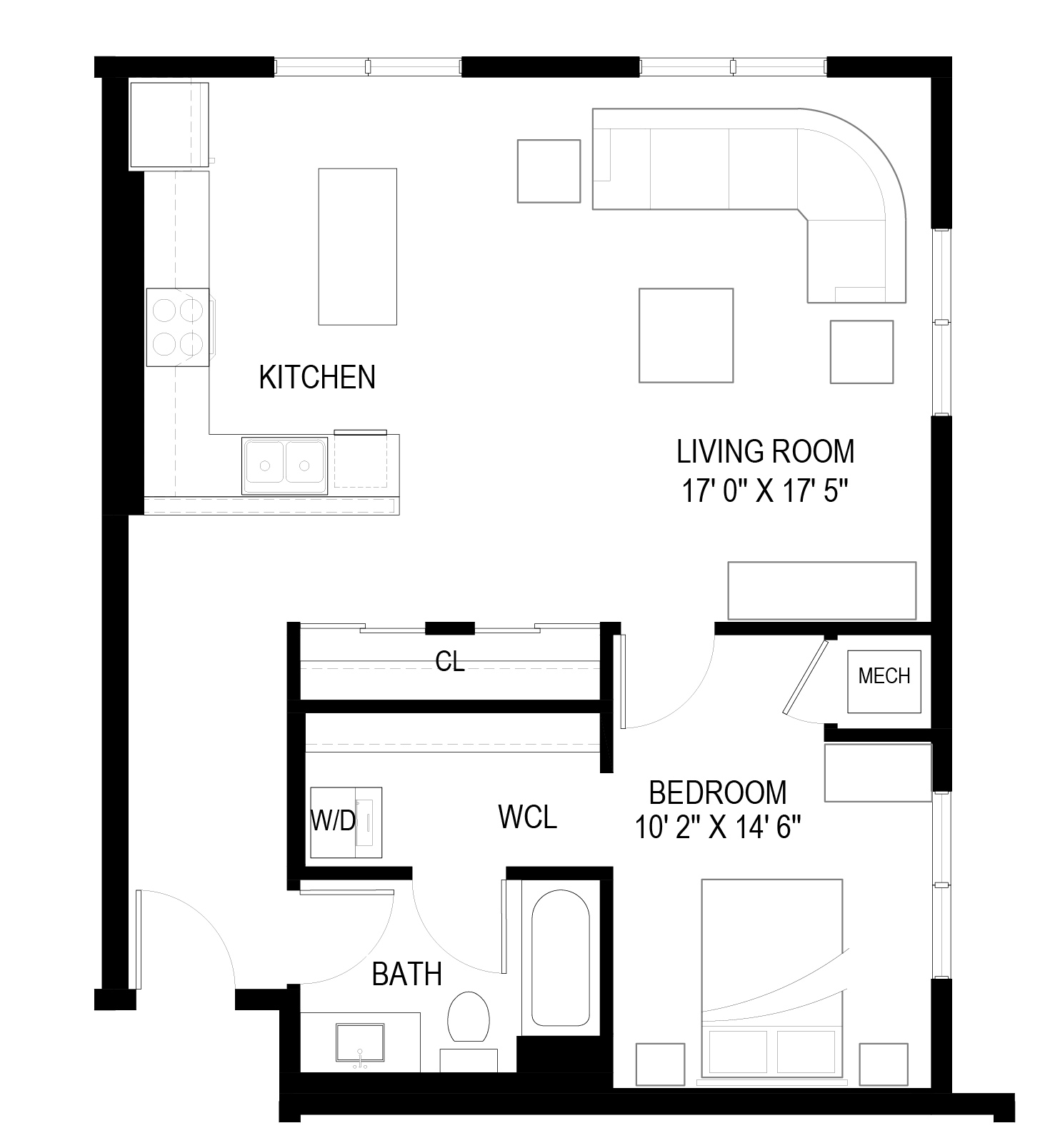 A black and white image of a floor plan for a small apartment.