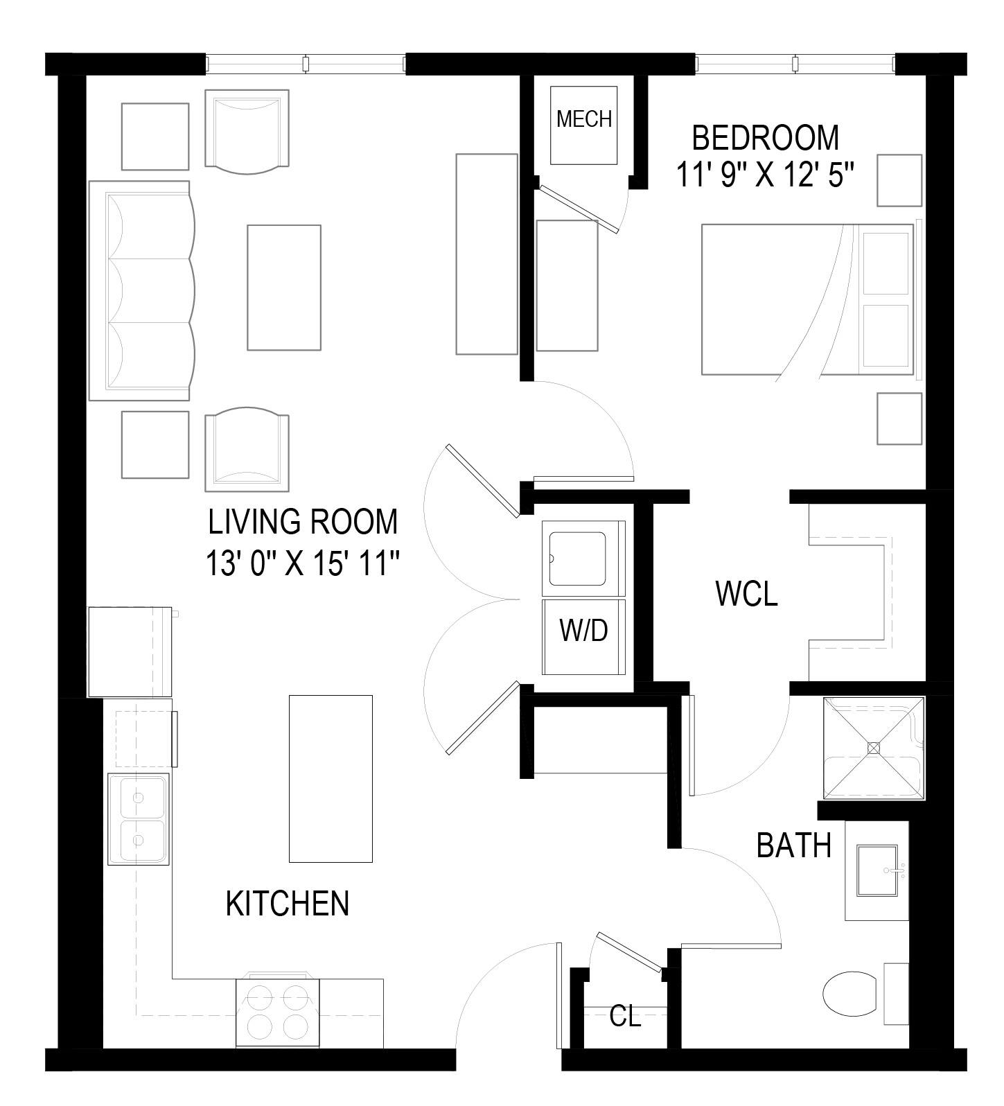 A floor plan of a home with a living room, kitchen, bathroom, and bedroom.