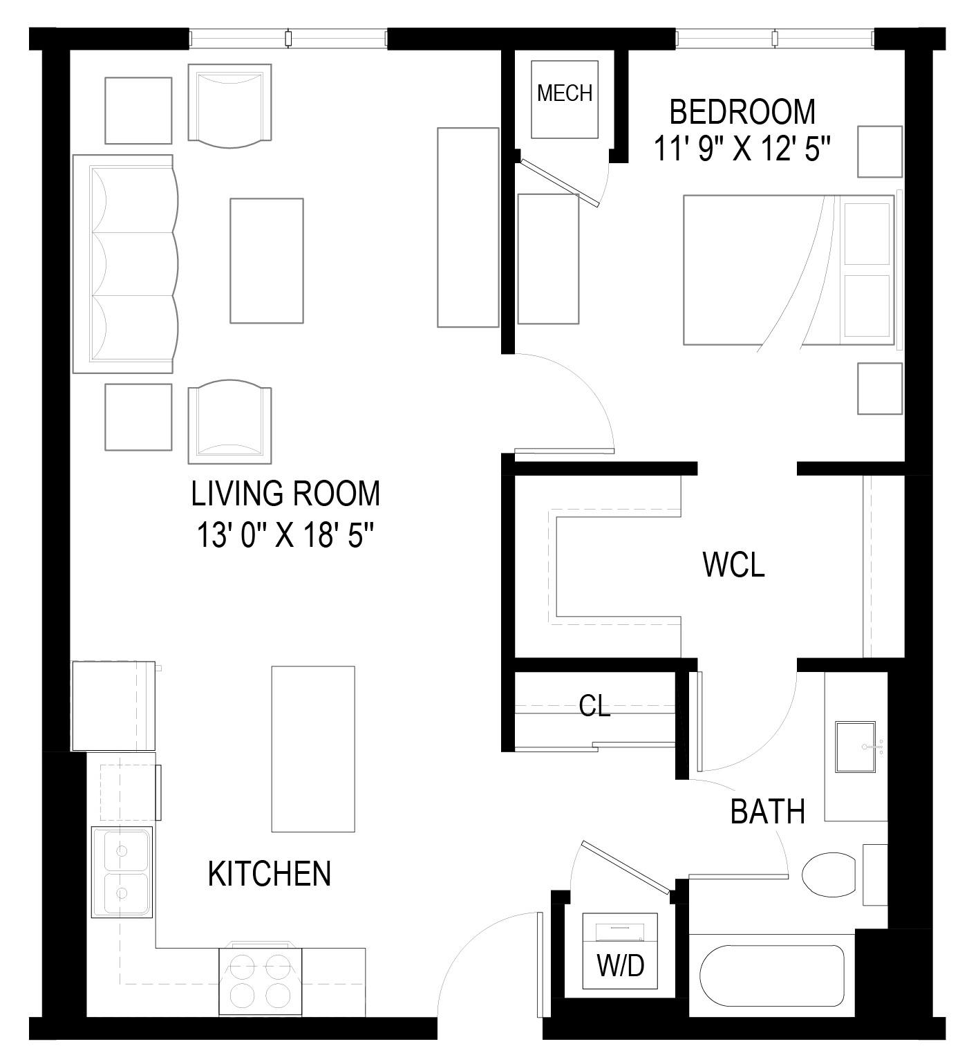 A black and white image of a floor plan for a home with a living room, kitchen, bathroom, and bedroom.