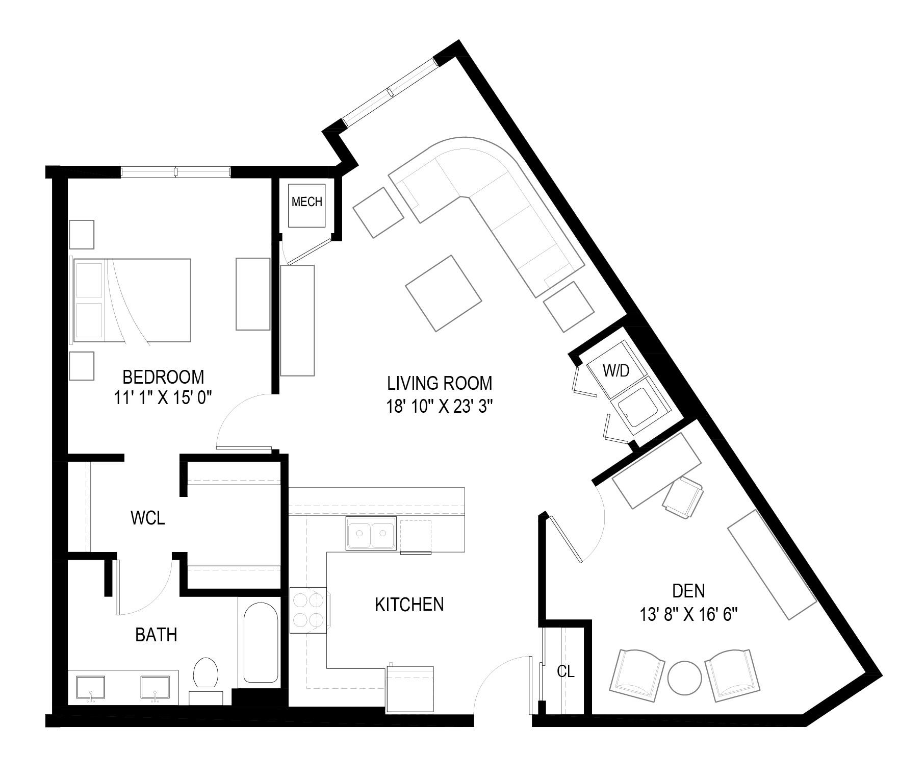 A floor plan of a home with a living room, kitchen, bedroom, and bathroom.