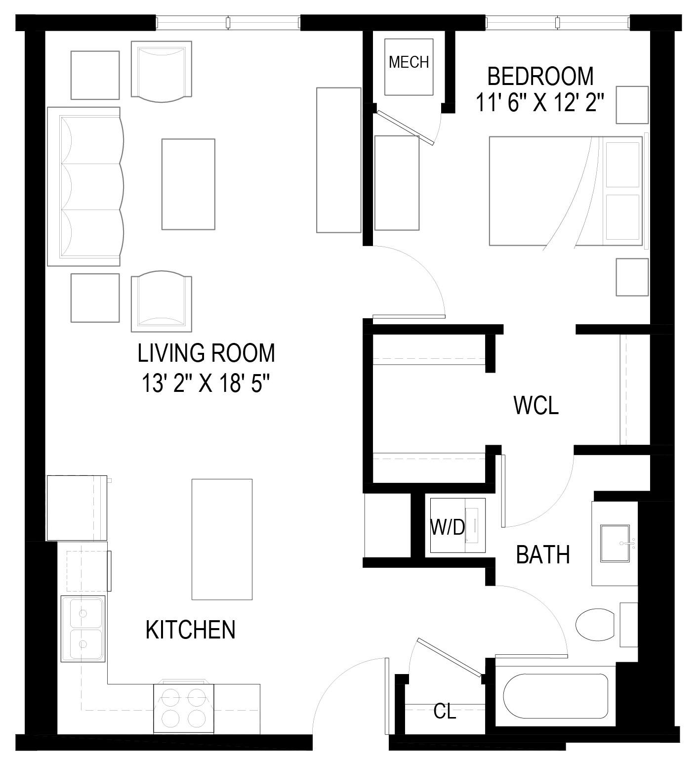 A black and white image of a floor plan for a small apartment.