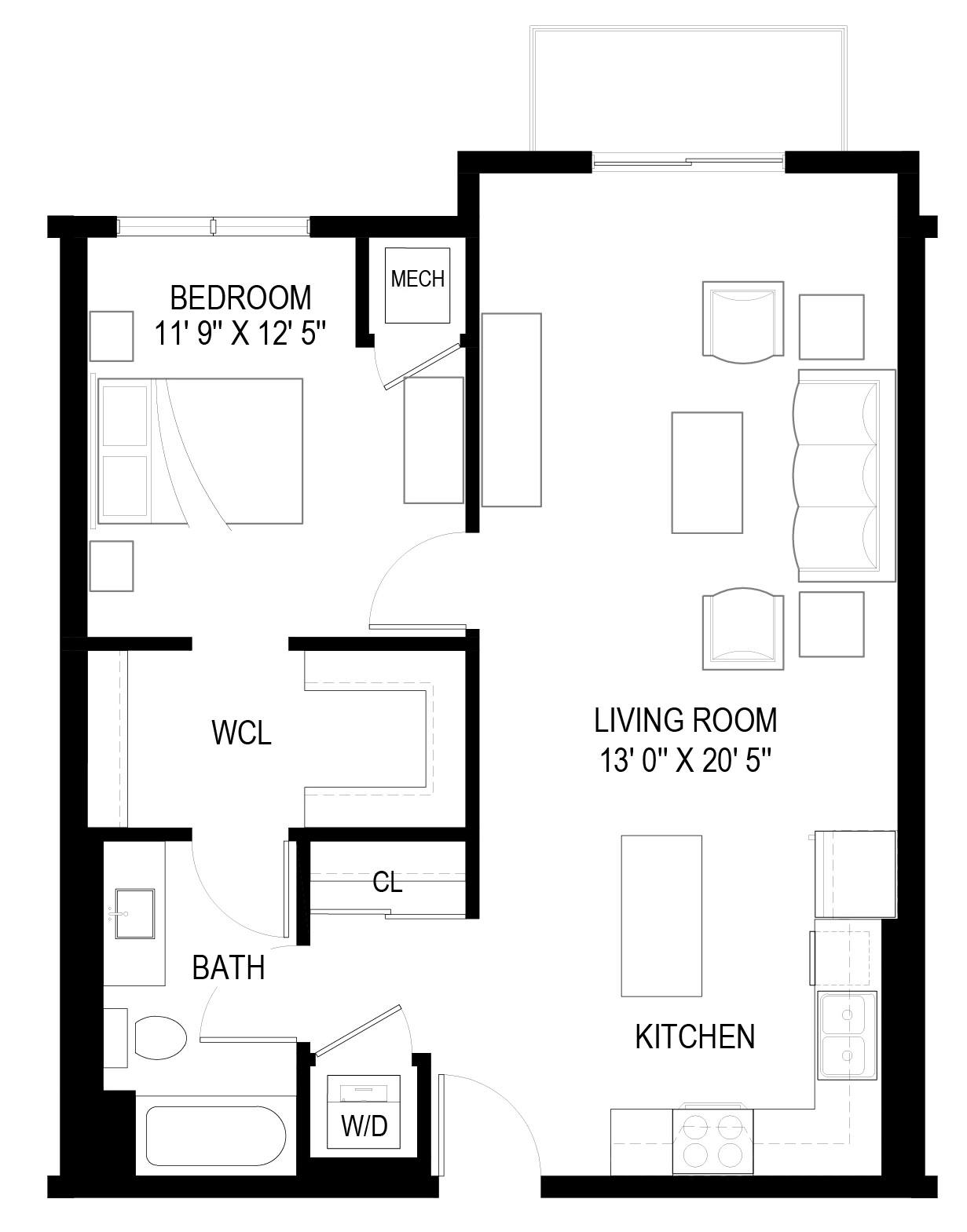A floor plan of a house with a bedroom, living room, kitchen, bath, and workspace.