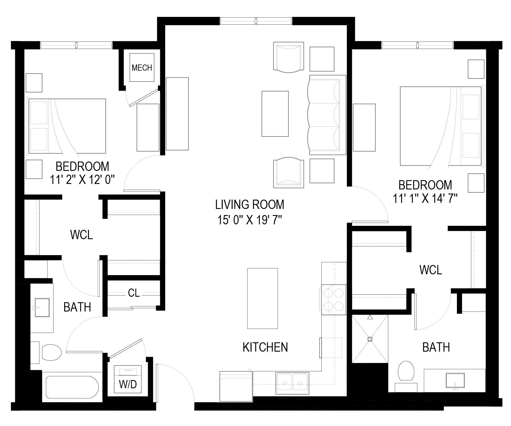A black and white image of a floor plan for a house with two bedrooms, a living room, a kitchen, two bathrooms, a closet, and a workspace.