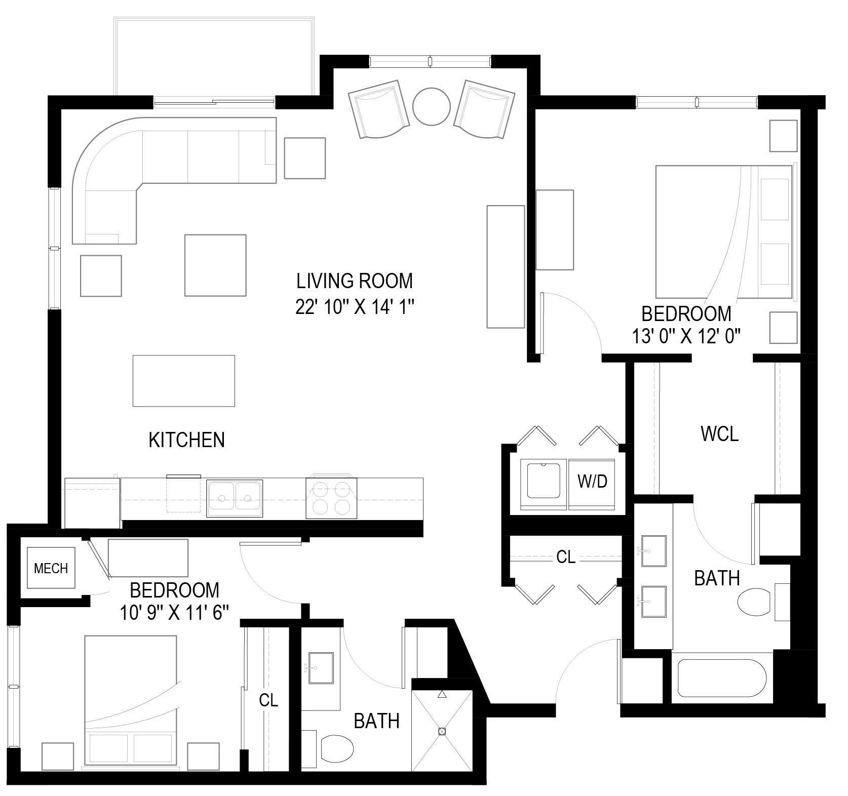 A black and white floor plan of a house with labeled rooms.