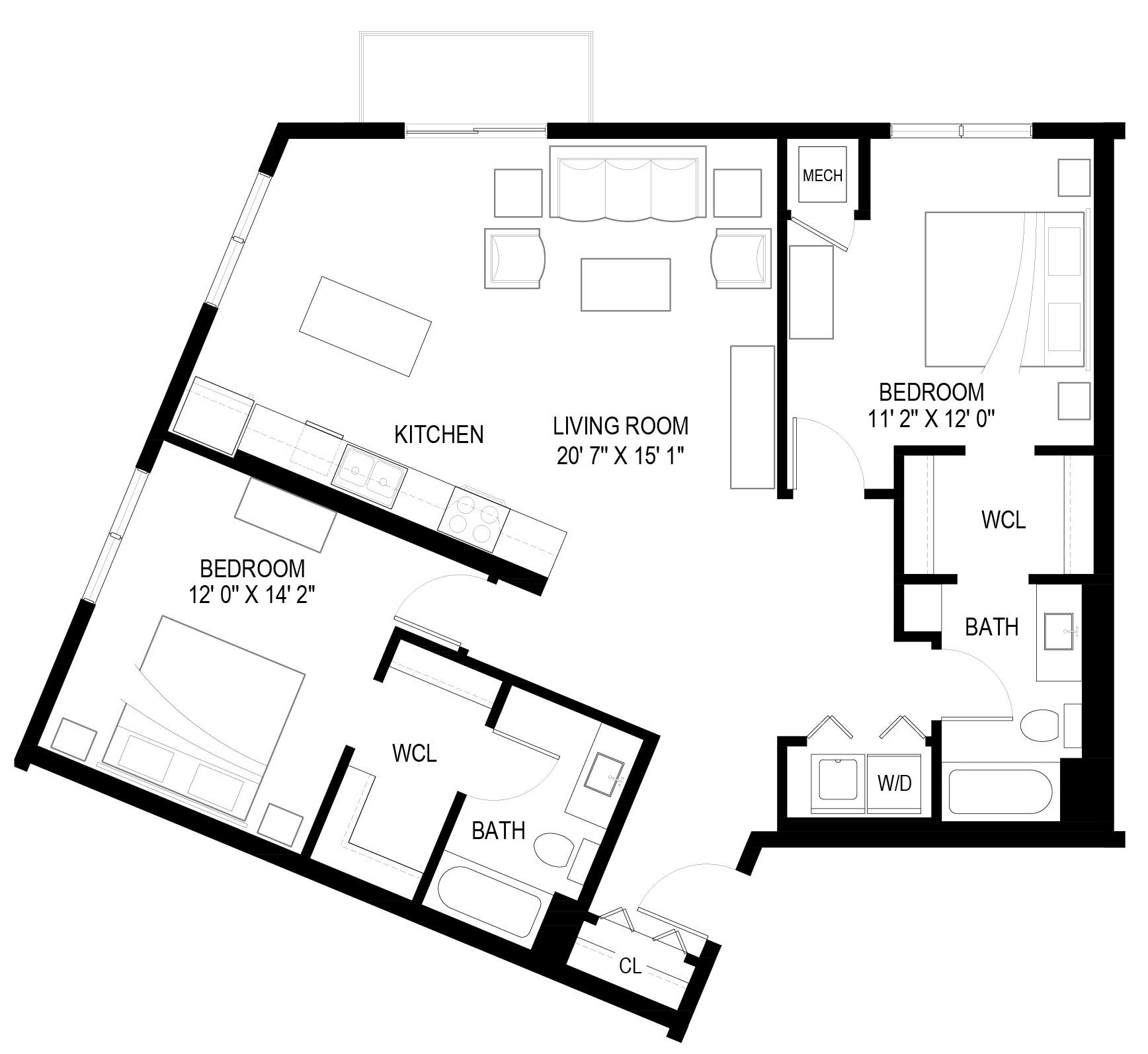 A black and white image of a floor plan for a house.