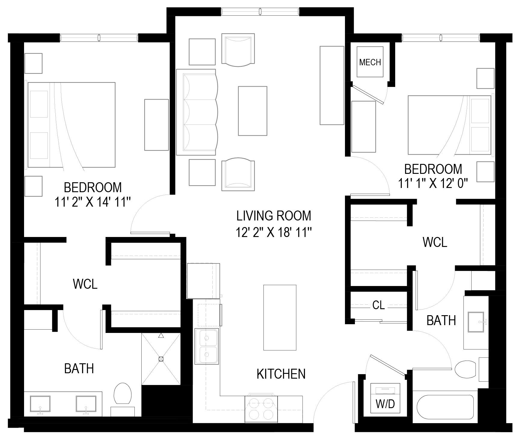 A black and white image of a floor plan for a house with two bedrooms, a living room, a kitchen, a bath, and a workspace.