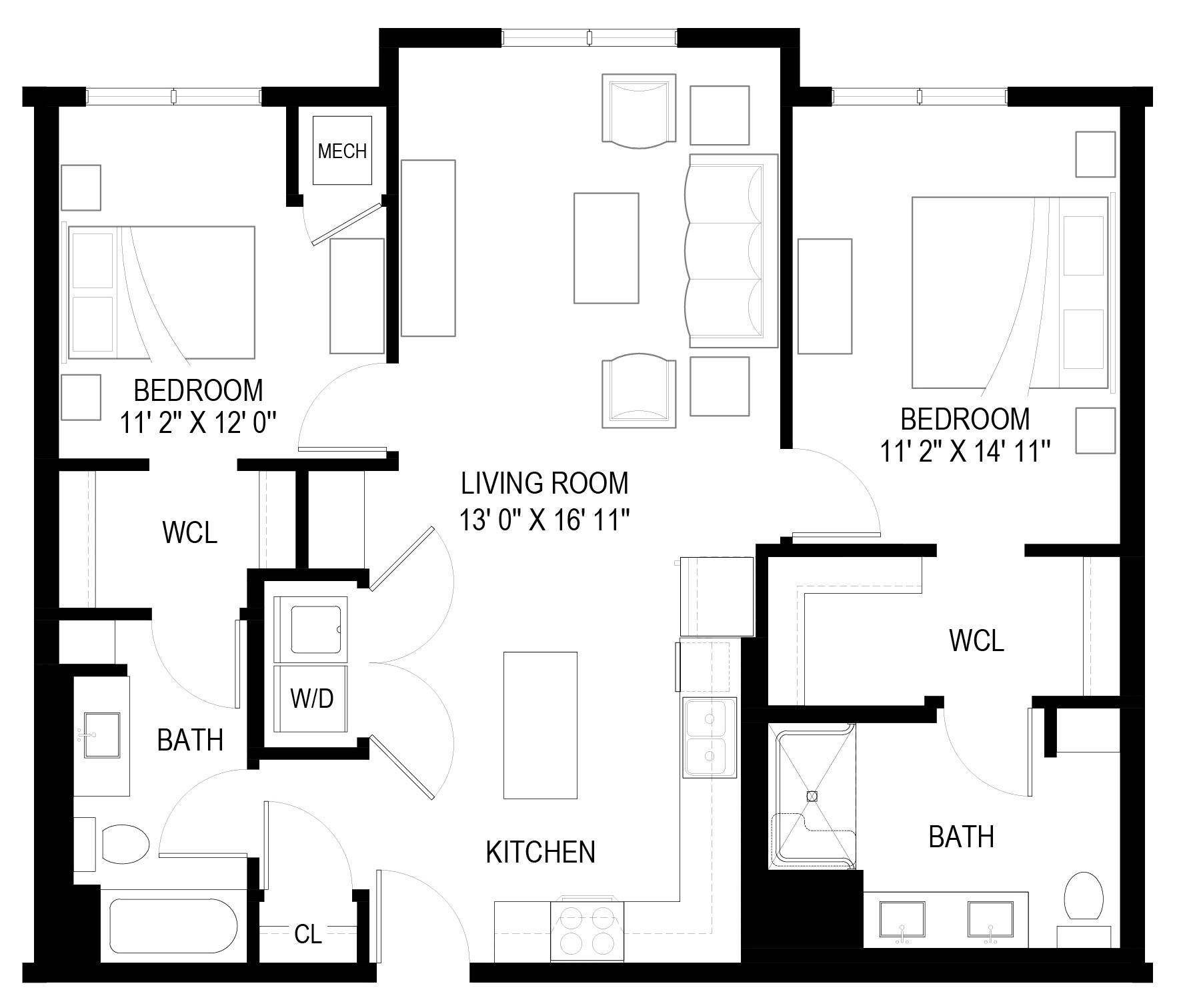 A black and white floor plan of a two-bedroom apartment.