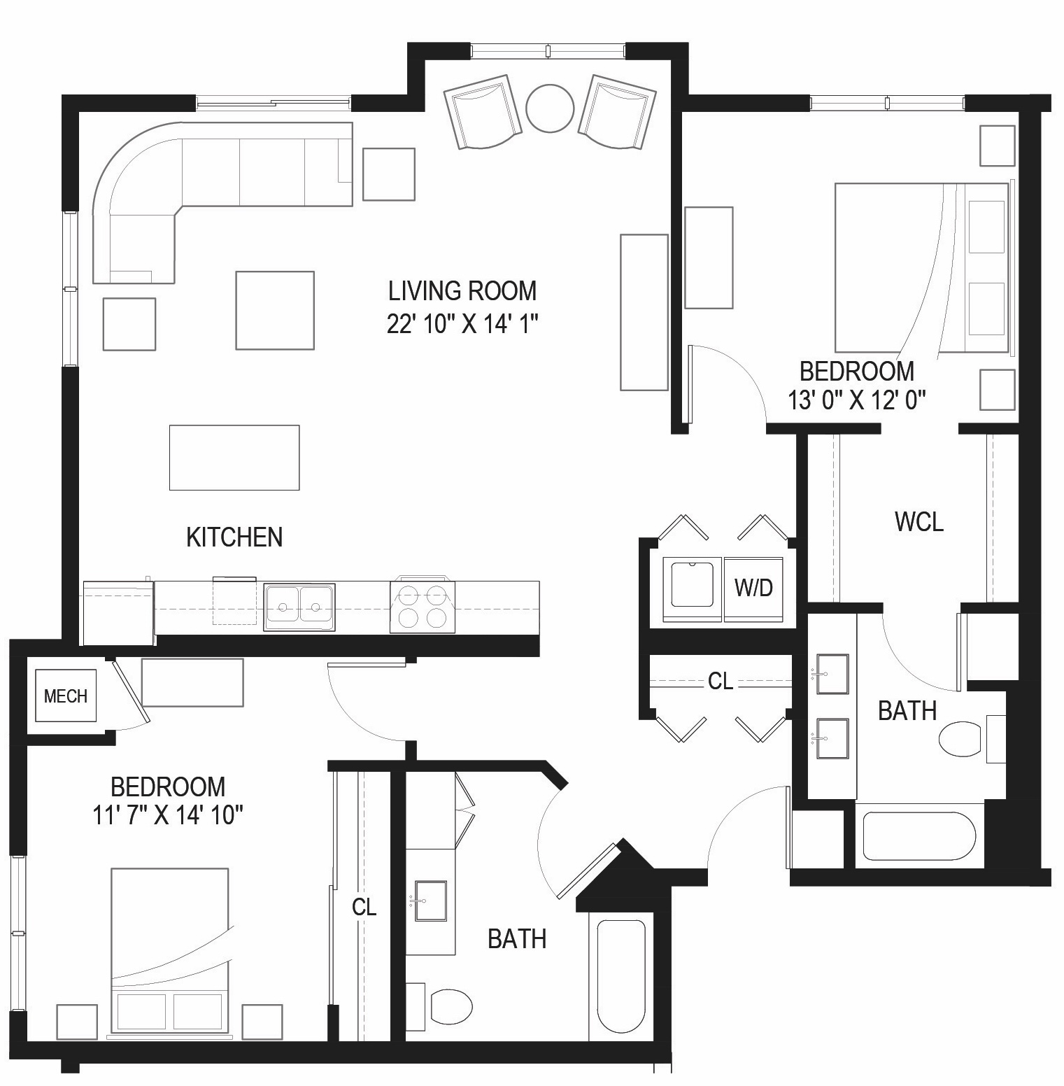 A black and white image of a floor plan for a house with a living room, kitchen, two bedrooms, a bathroom, and a workshop.