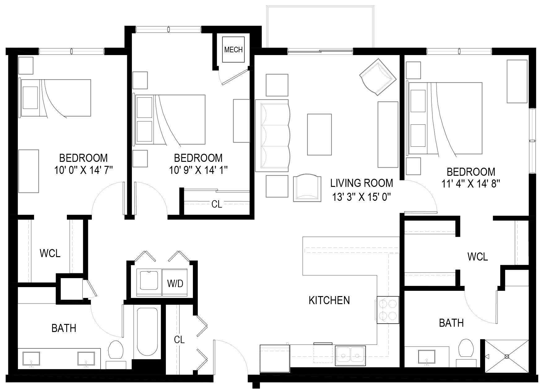 A black and white image of a floor plan for a house.