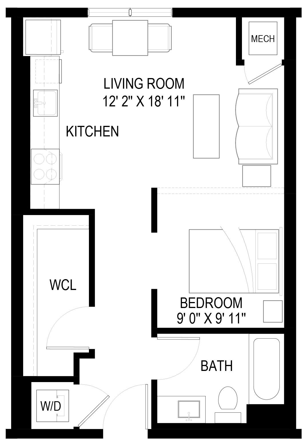 A floor plan of a small apartment with a living room, kitchen, bedroom, and bathroom.