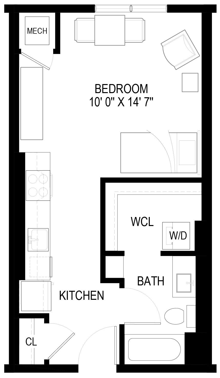 A floor plan of a bedroom, bathroom, kitchen, and living room.