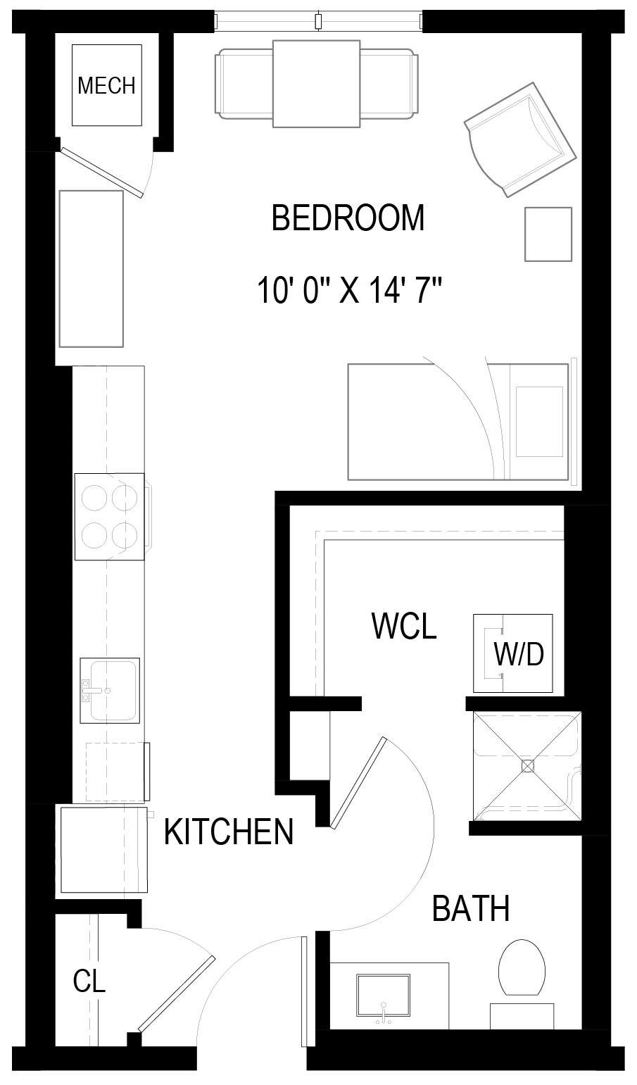 A floor plan of a bedroom, kitchen, and bathroom.