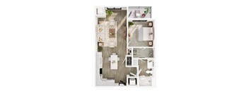 A top-down view of a kitchen and dining area with a table set for two.