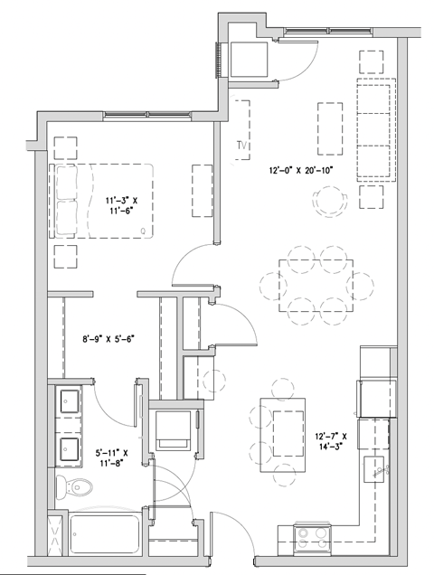 a floor plan of a small house with a bedroom and a living room