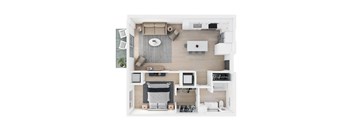 A top-down view of a modern, minimalist kitchen and living room.