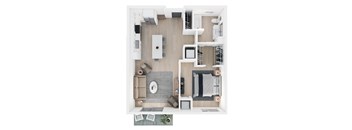 A top-down view of a modern apartment layout with a kitchen, living room, and bedroom.