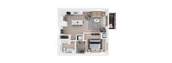 A top down view of a modern bedroom with a bed, nightstand, and a small kitchenette.