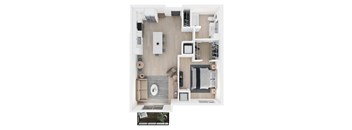A top-down view of a modern living room with a sofa, coffee table, and television.